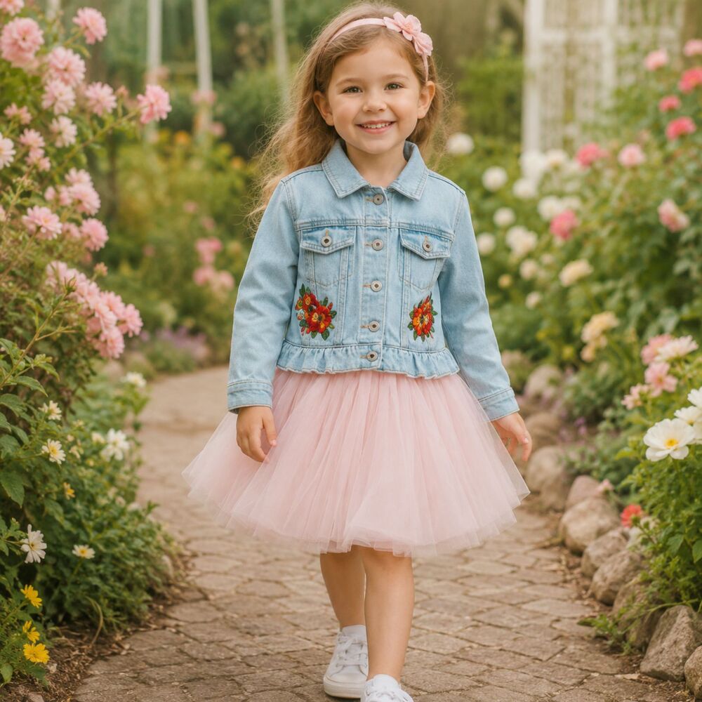 Girls Jean Jacket Size 4 Light Wash Floral Embroidered Ruffle Hem Cute Layer